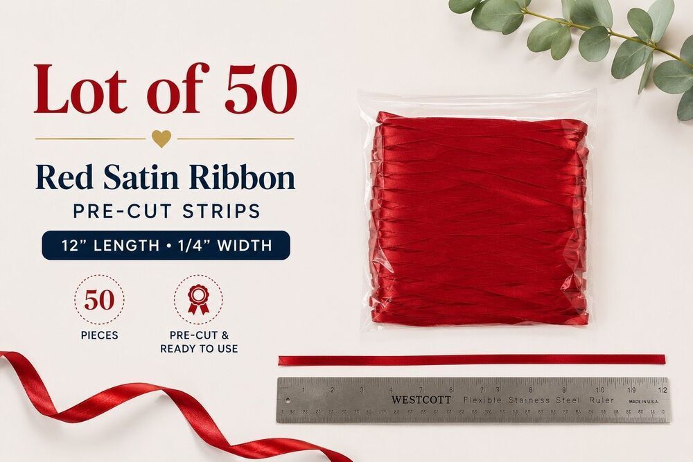 Lot of 50 Red Satin Ribbon Strips Pre-Cut 12” x 1/4” Craft Gift Wrapping ornamen